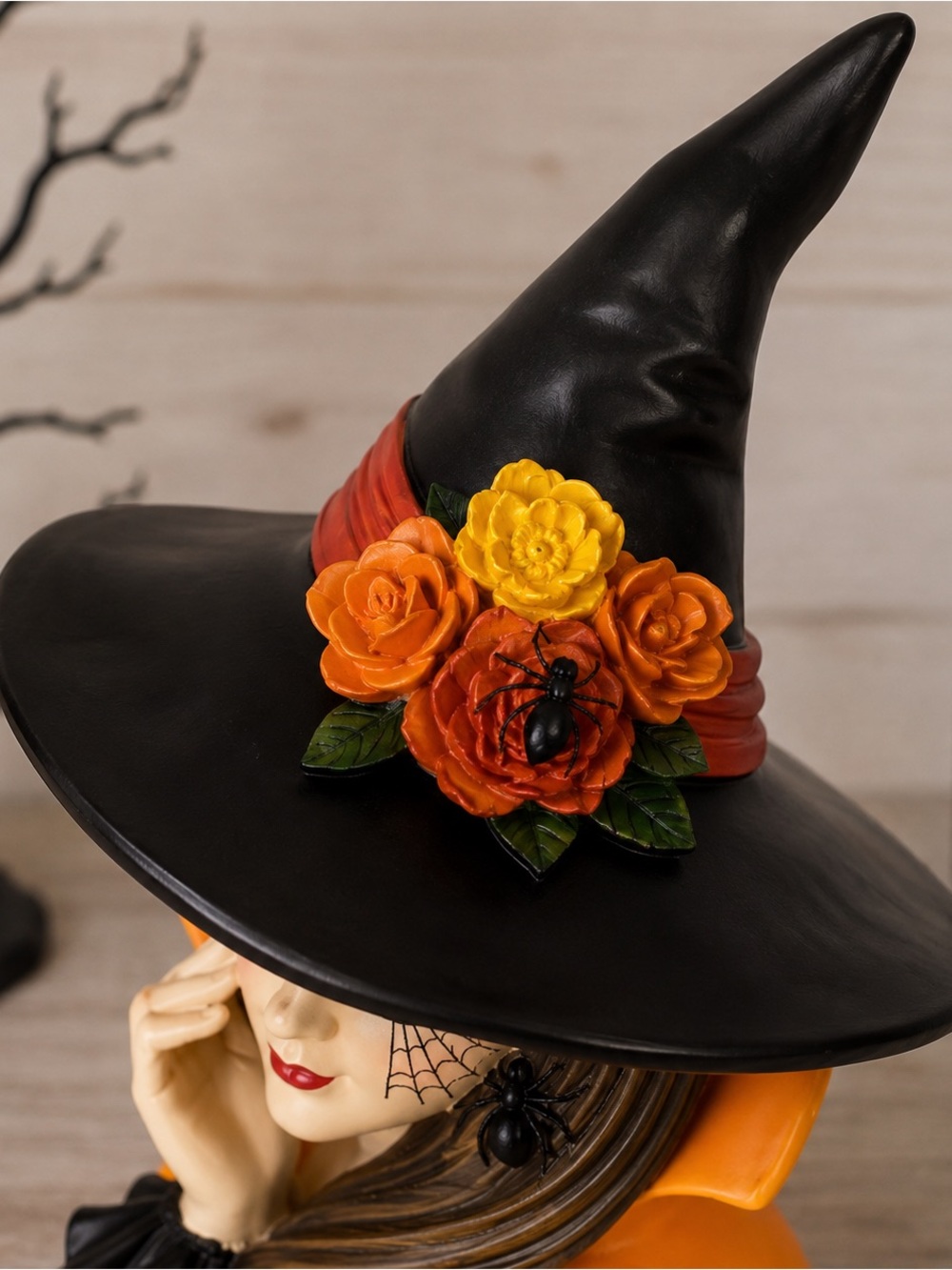 Bella Lux Halloween Glam Witch Bust with Floral Hat & Spider Web Viral - Picture 4 of 4